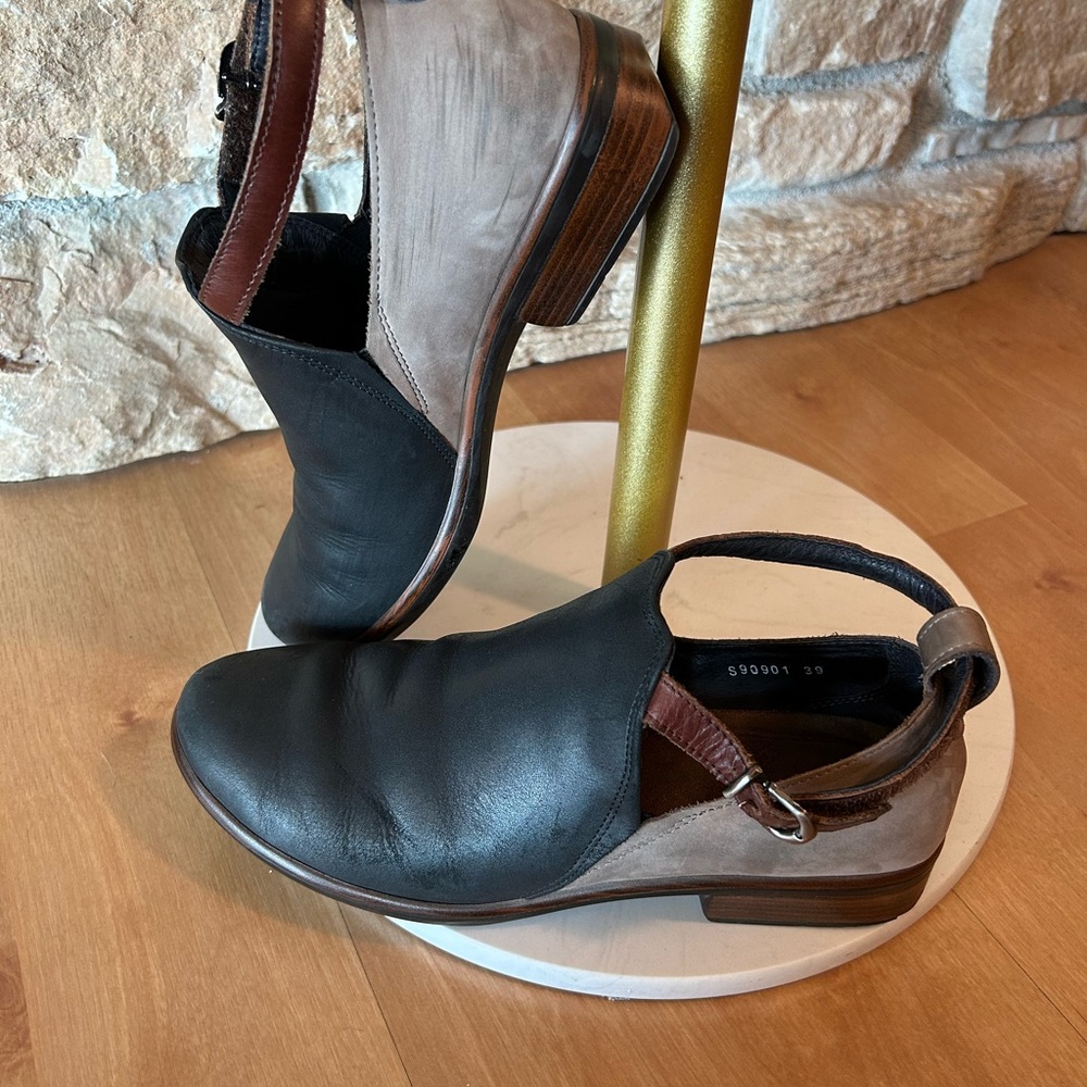 Naot two-tone leather and suede bootie with ankle strap